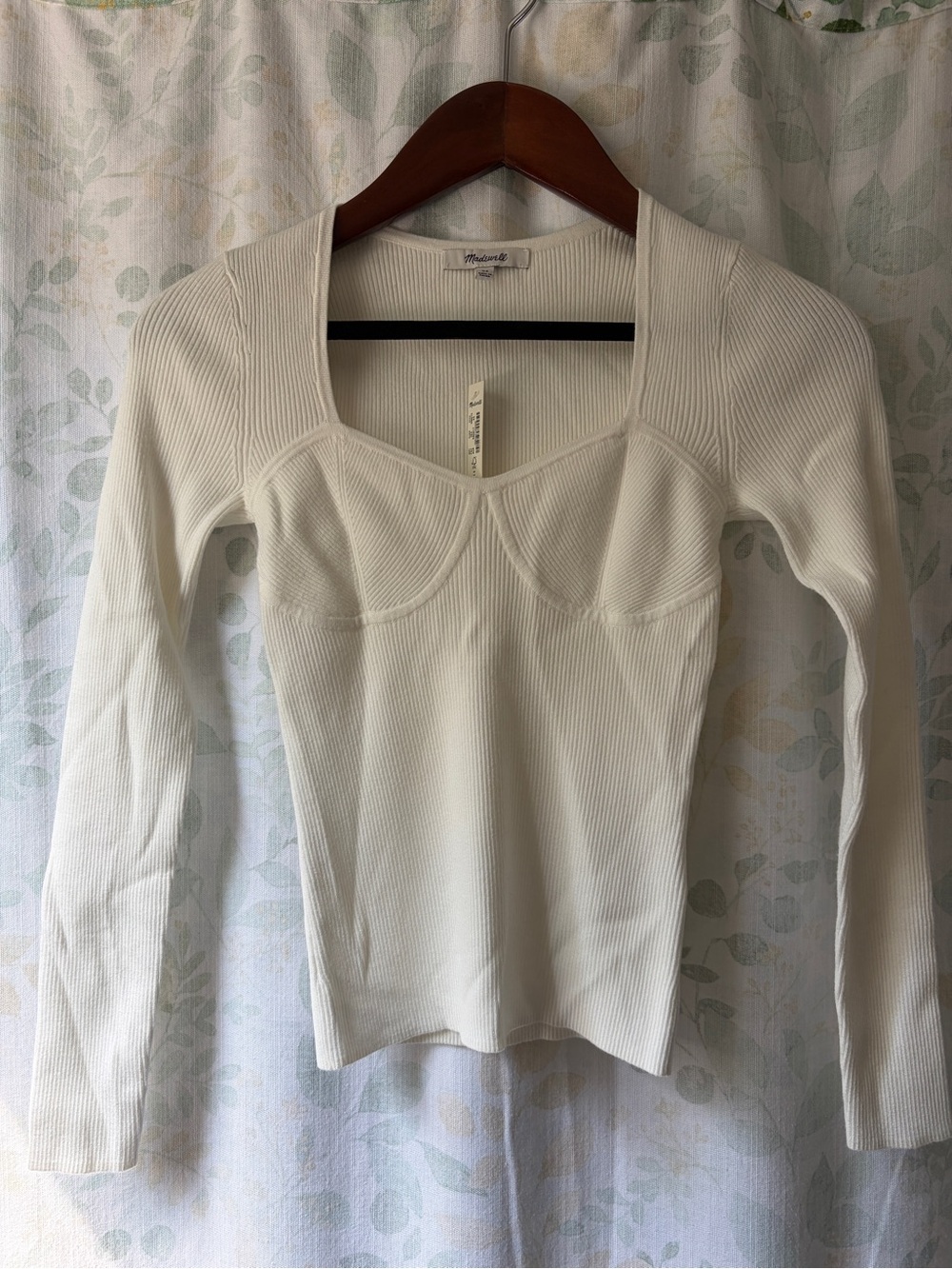 Madewell Corset-Detail Ribbed Long Sleeve Sweetheart Top - Ivory